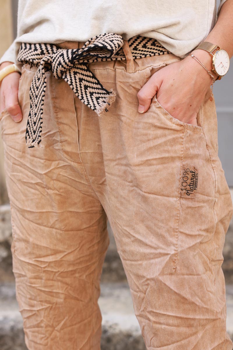 Washed camel comfort and stretch fabric trousers + chevron belt