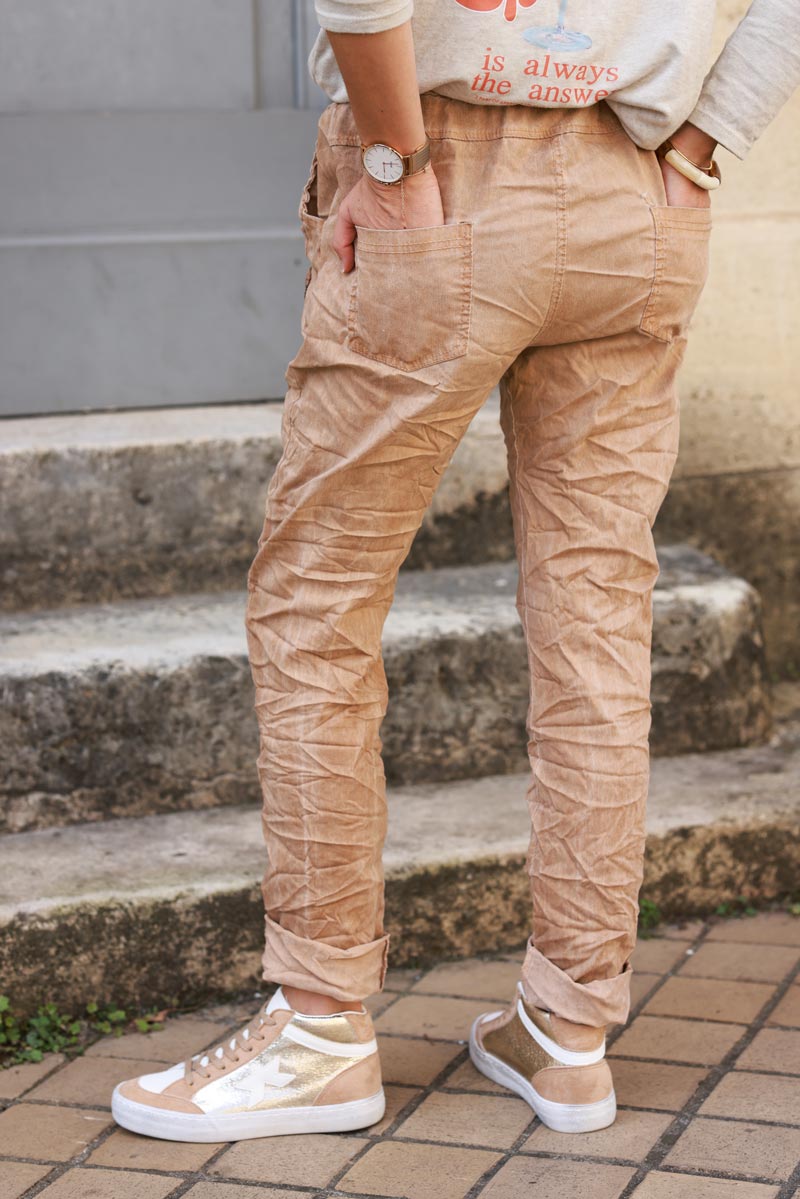 Washed camel comfort and stretch fabric trousers + chevron belt