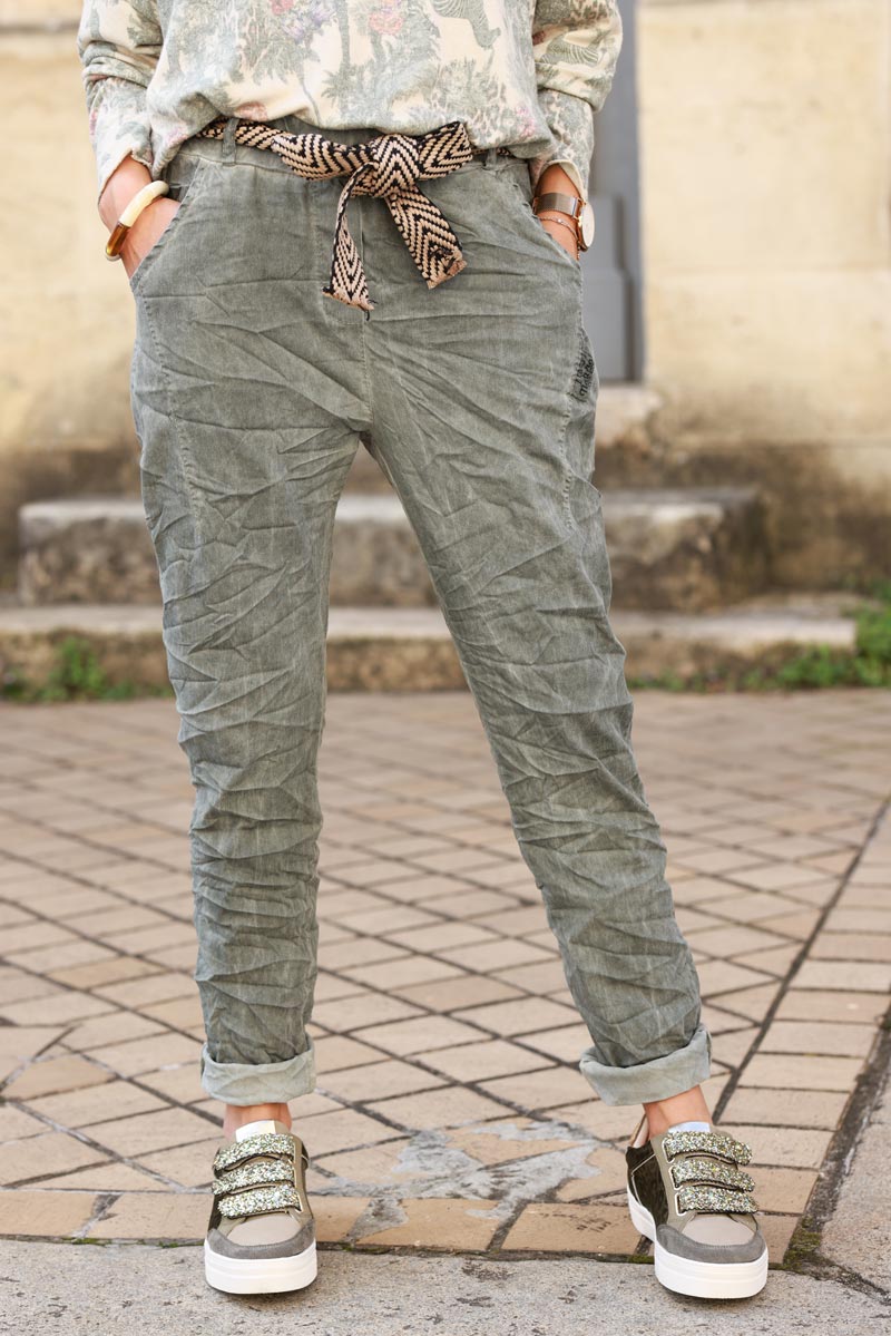 Washed khaki comfort and stretch fabric trousers + chevron belt