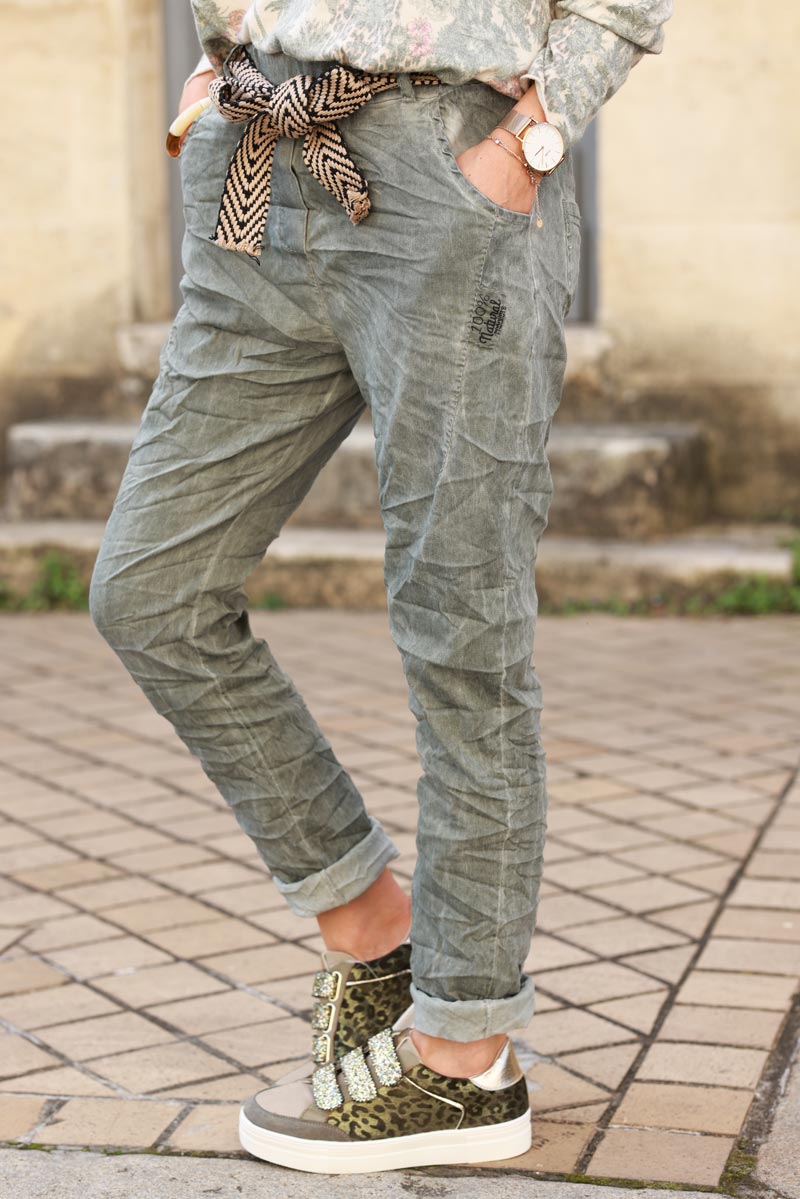 Washed khaki comfort and stretch fabric trousers + chevron belt