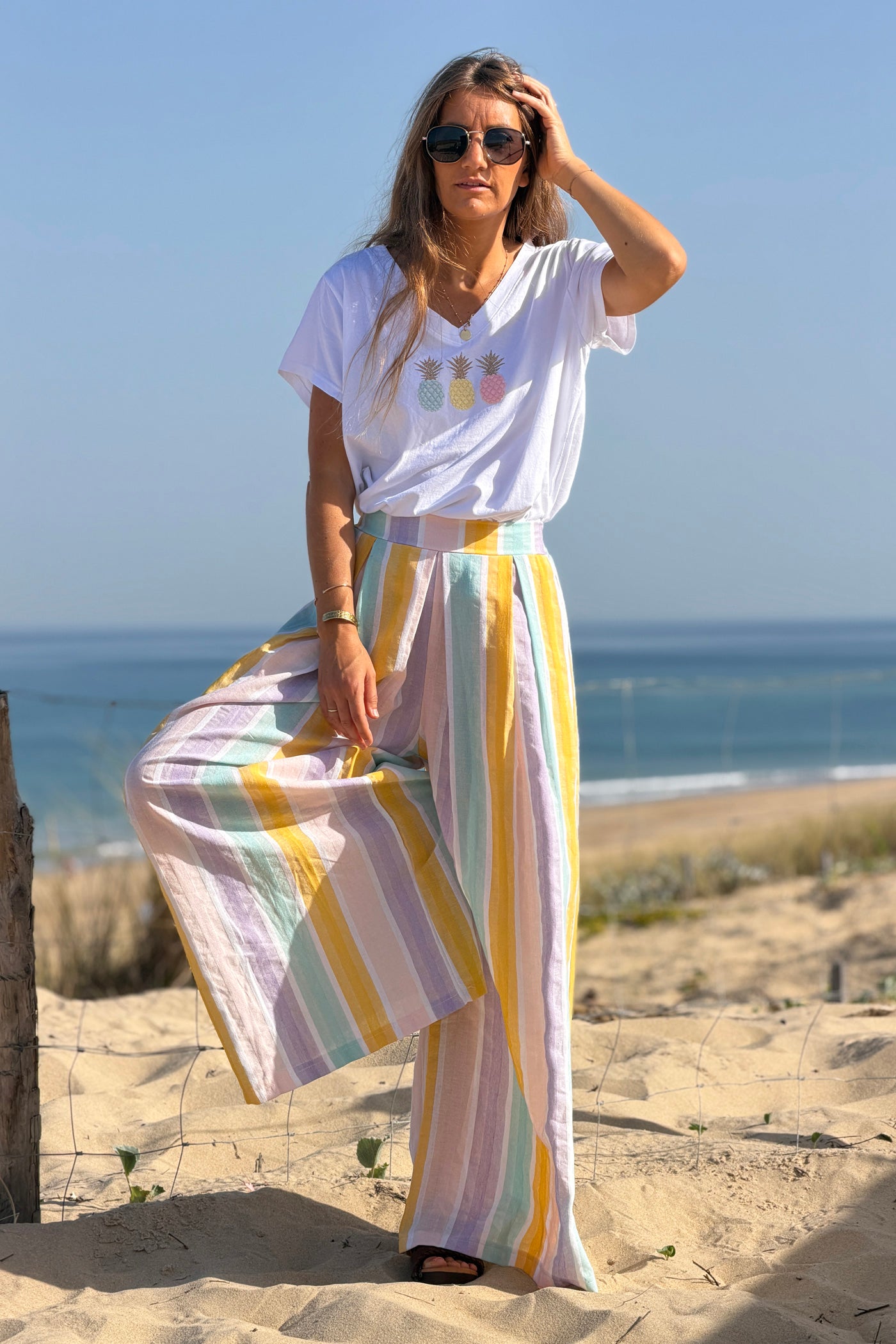 Yellow Pastel Stripe Wide Leg Pants
