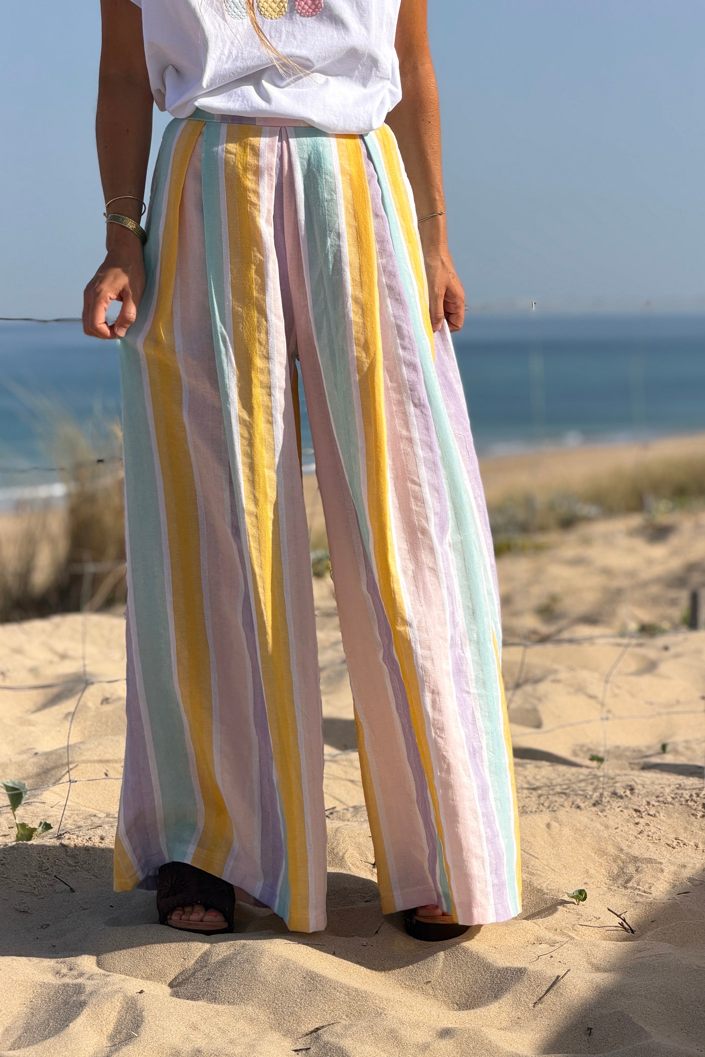 Pantalon extra large en coton rayures pastel jaune et violet taille élastique