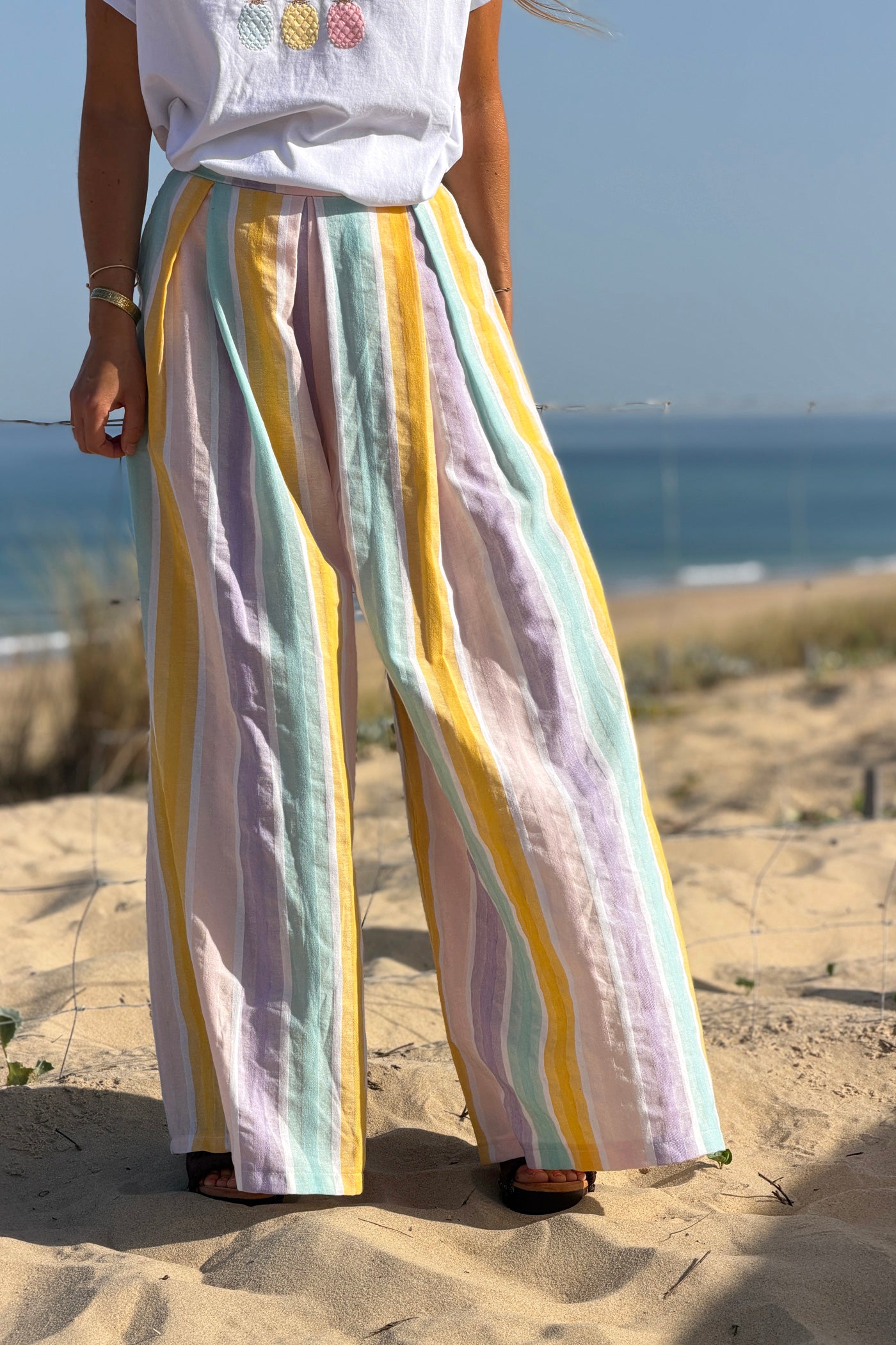 Pantalon extra large en coton rayures pastel jaune et violet taille élastique