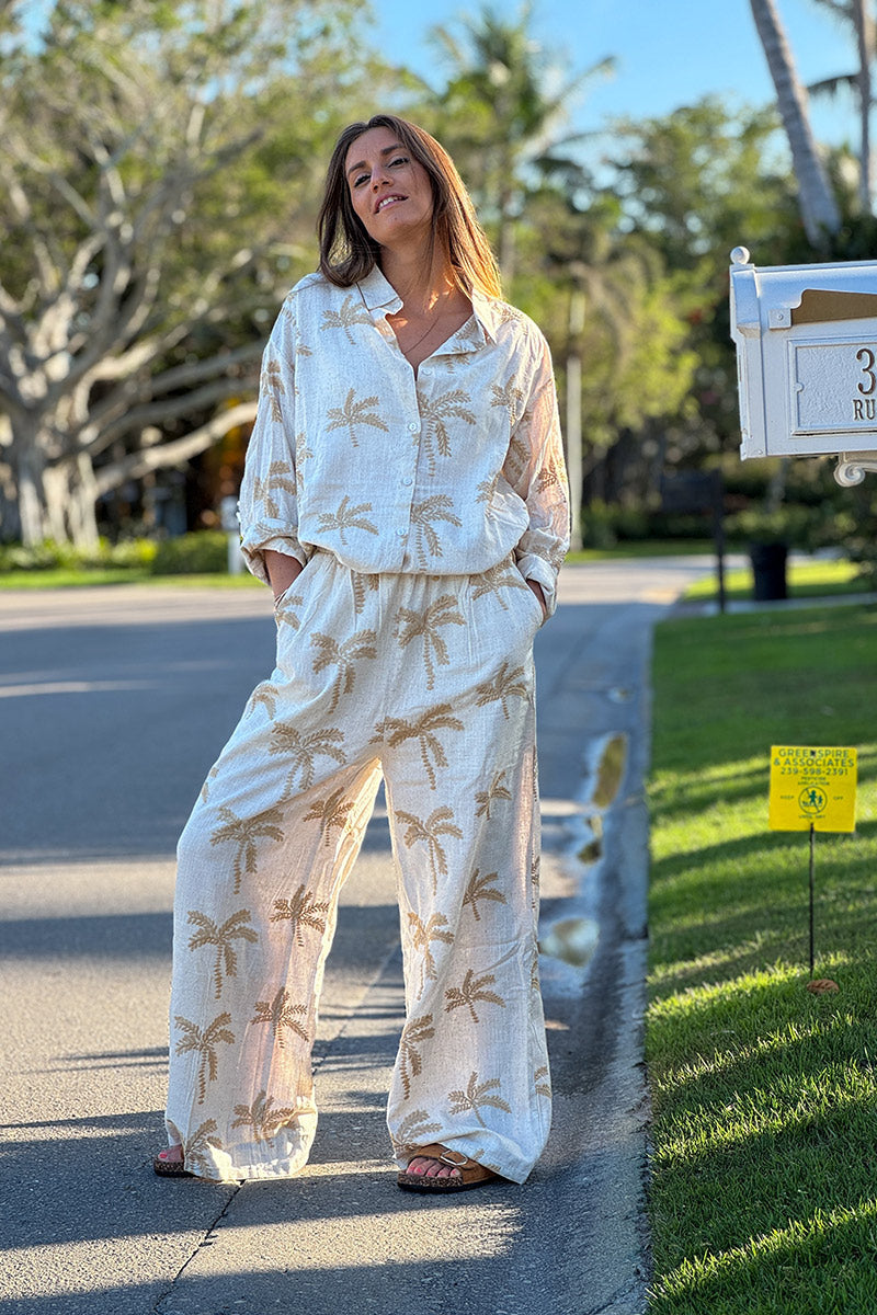 Pantalon fluide beige en lin mélangé broderie palmiers camel