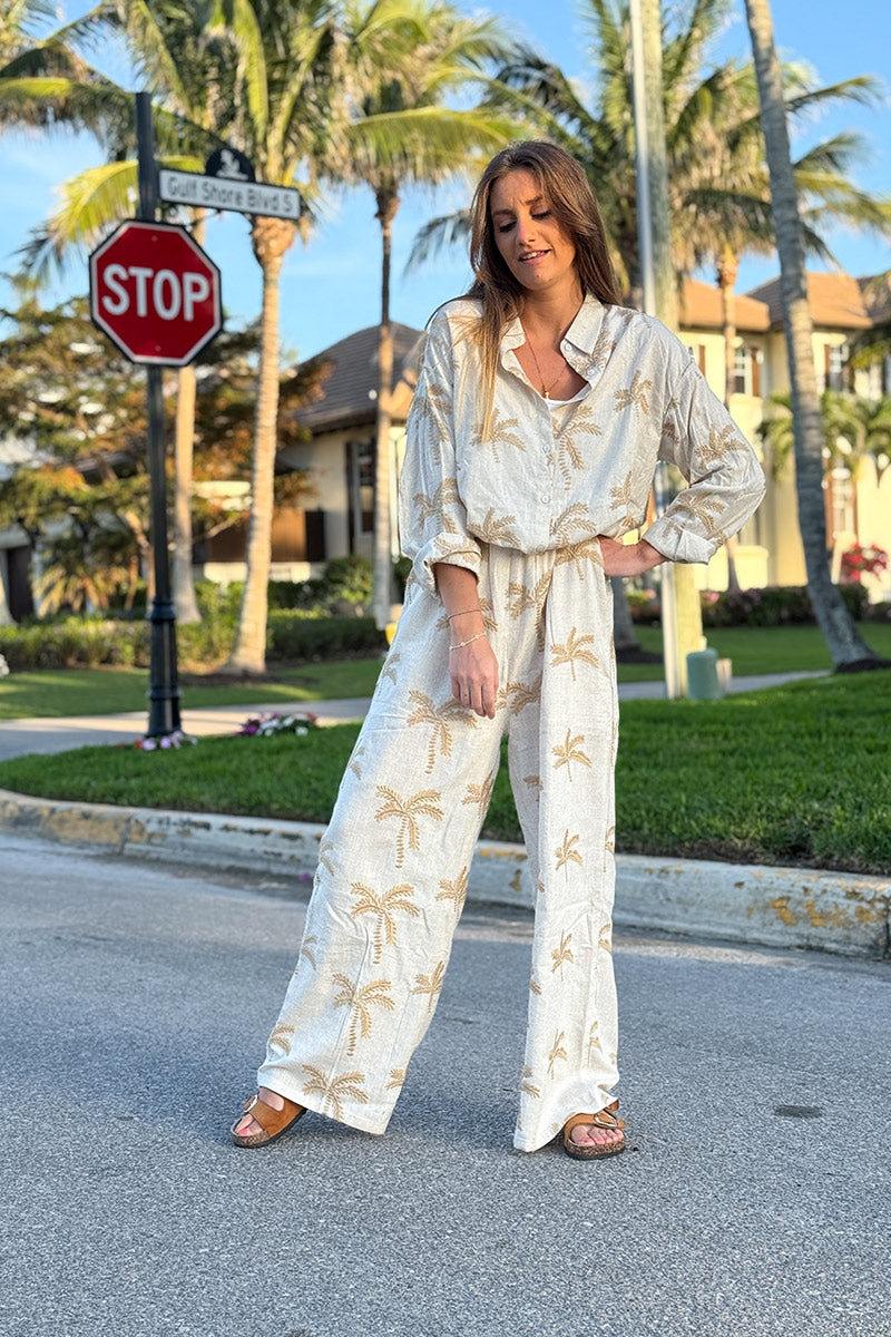 Pantalon fluide beige en lin mélangé broderie palmiers camel