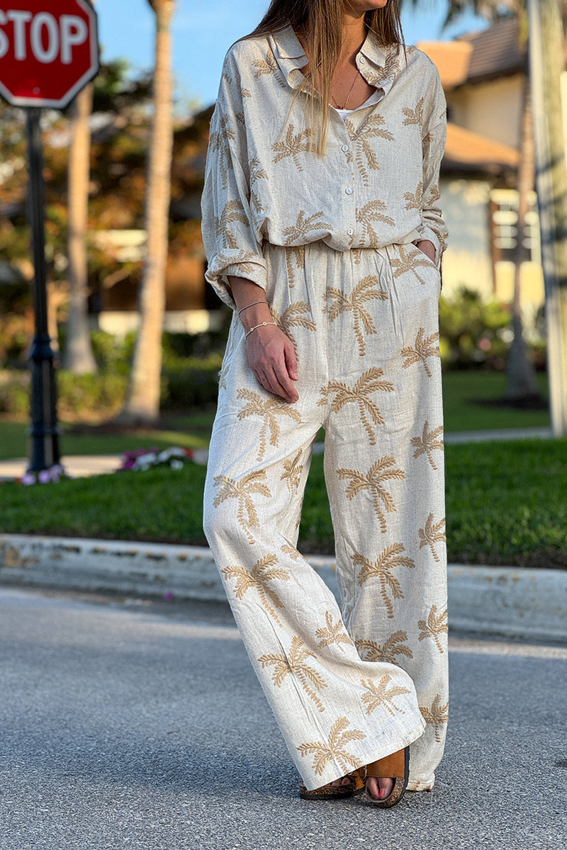 Pantalon fluide beige en lin mélangé broderie palmiers camel