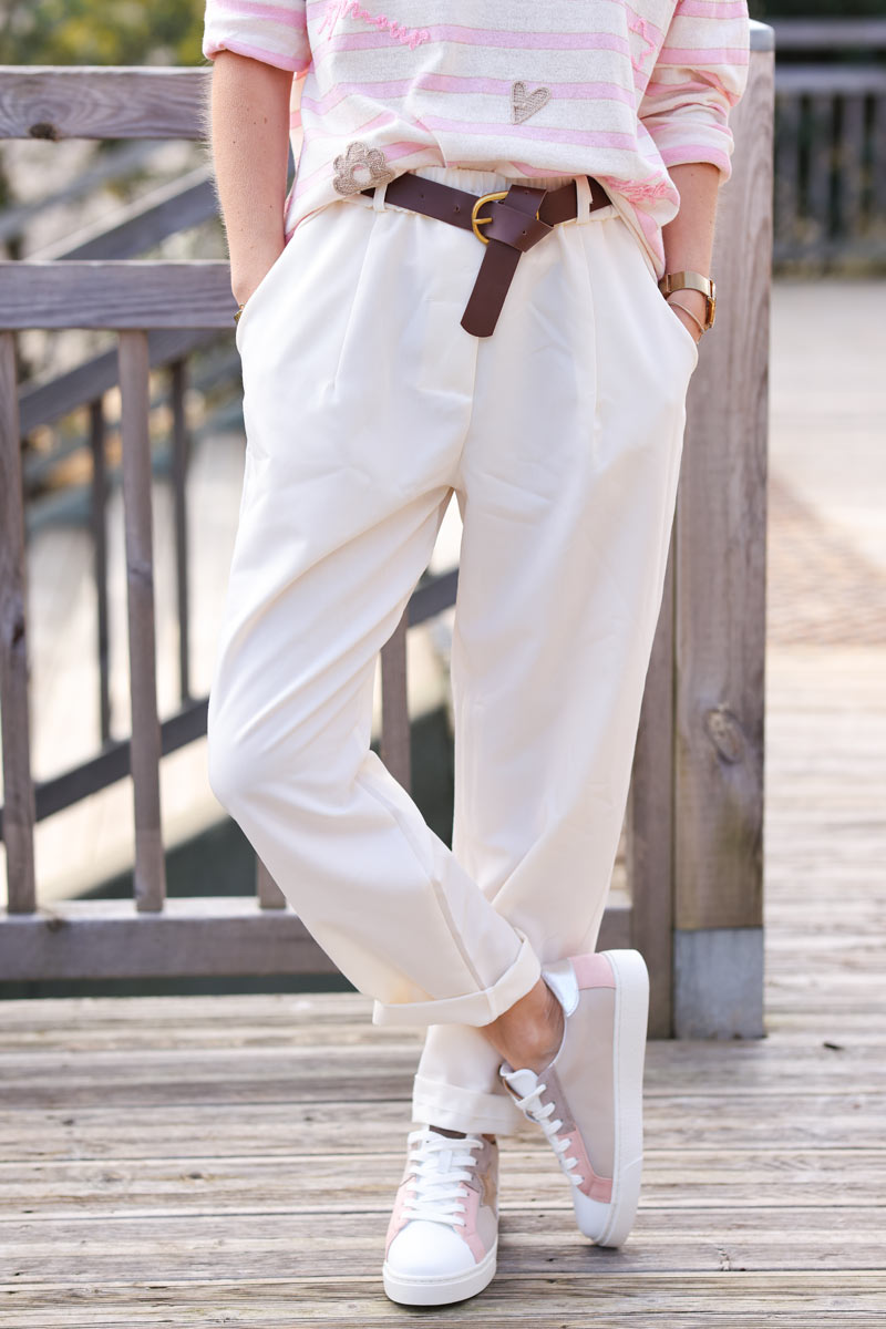 Off white tailored chino style stretch pants with faux leather belt