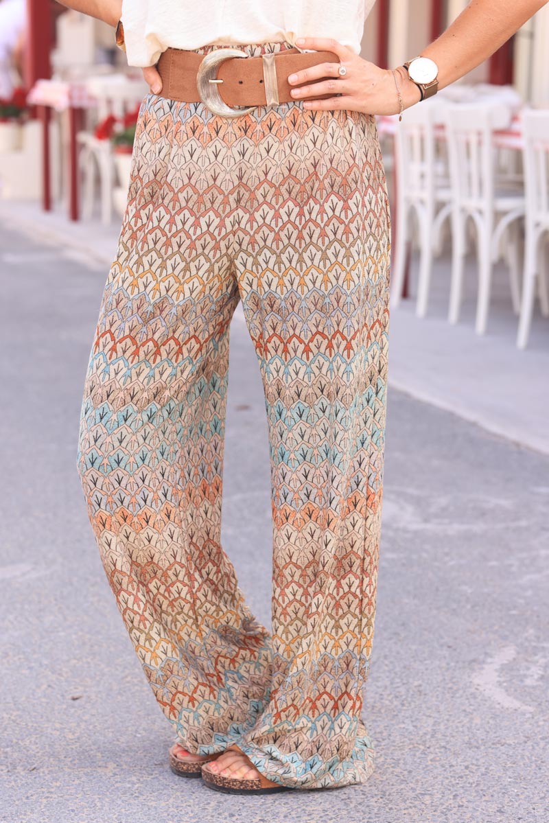 Floaty straight cut metallic pants with colorful houndstooth pattern