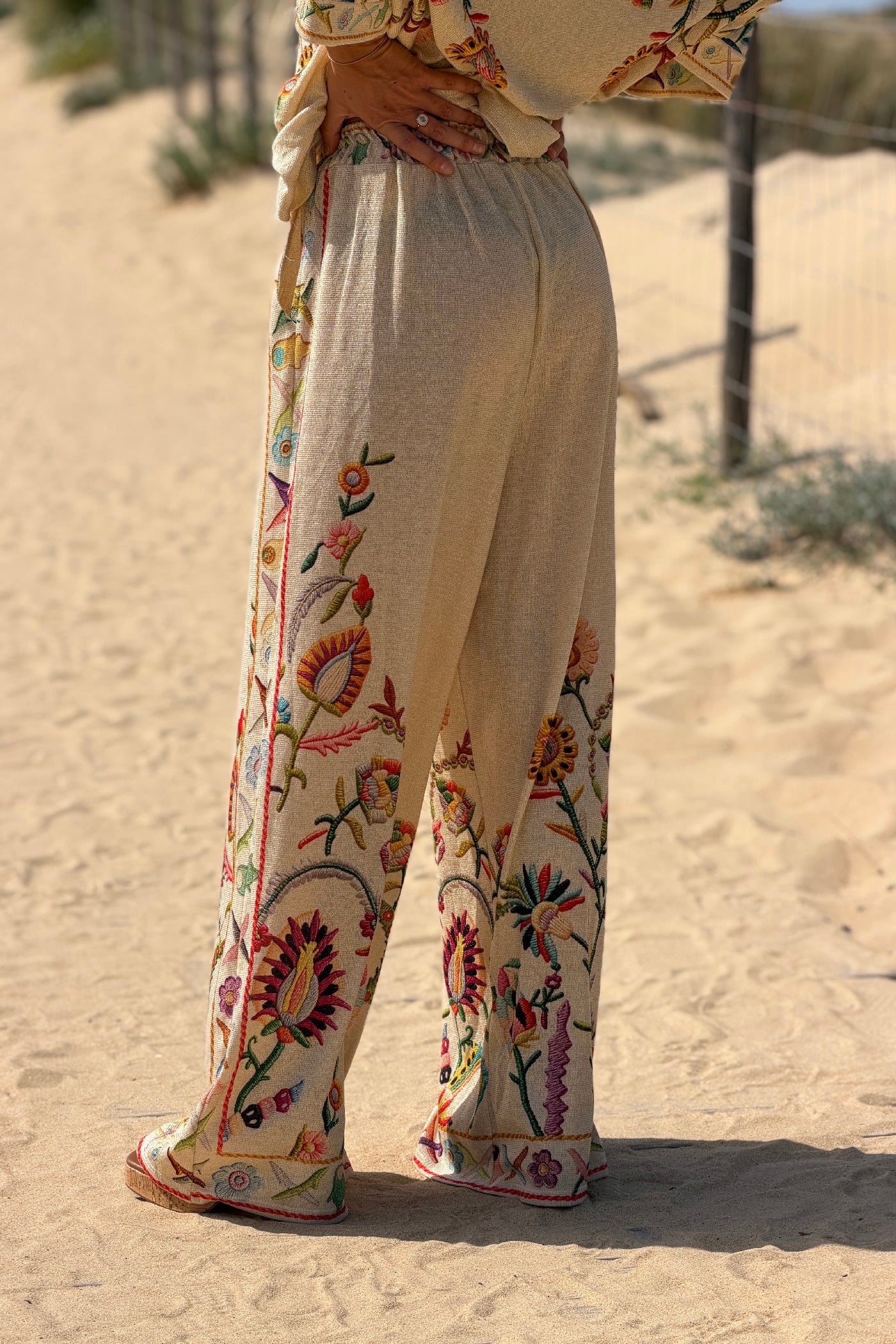 Beige Embroidered Folk Garden Pull-On Pants