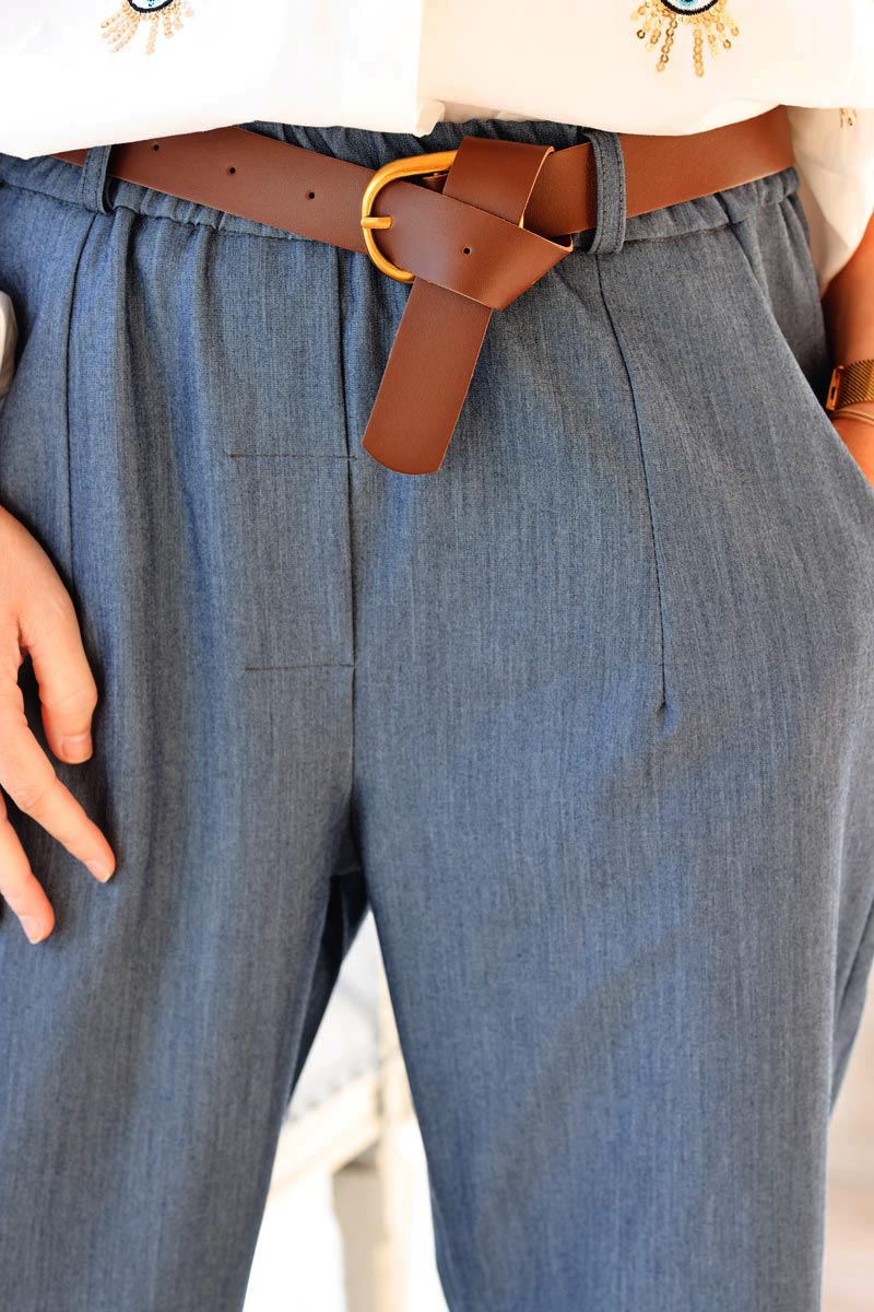 Blue jean effect tailored chino style stretch pants with faux leather belt