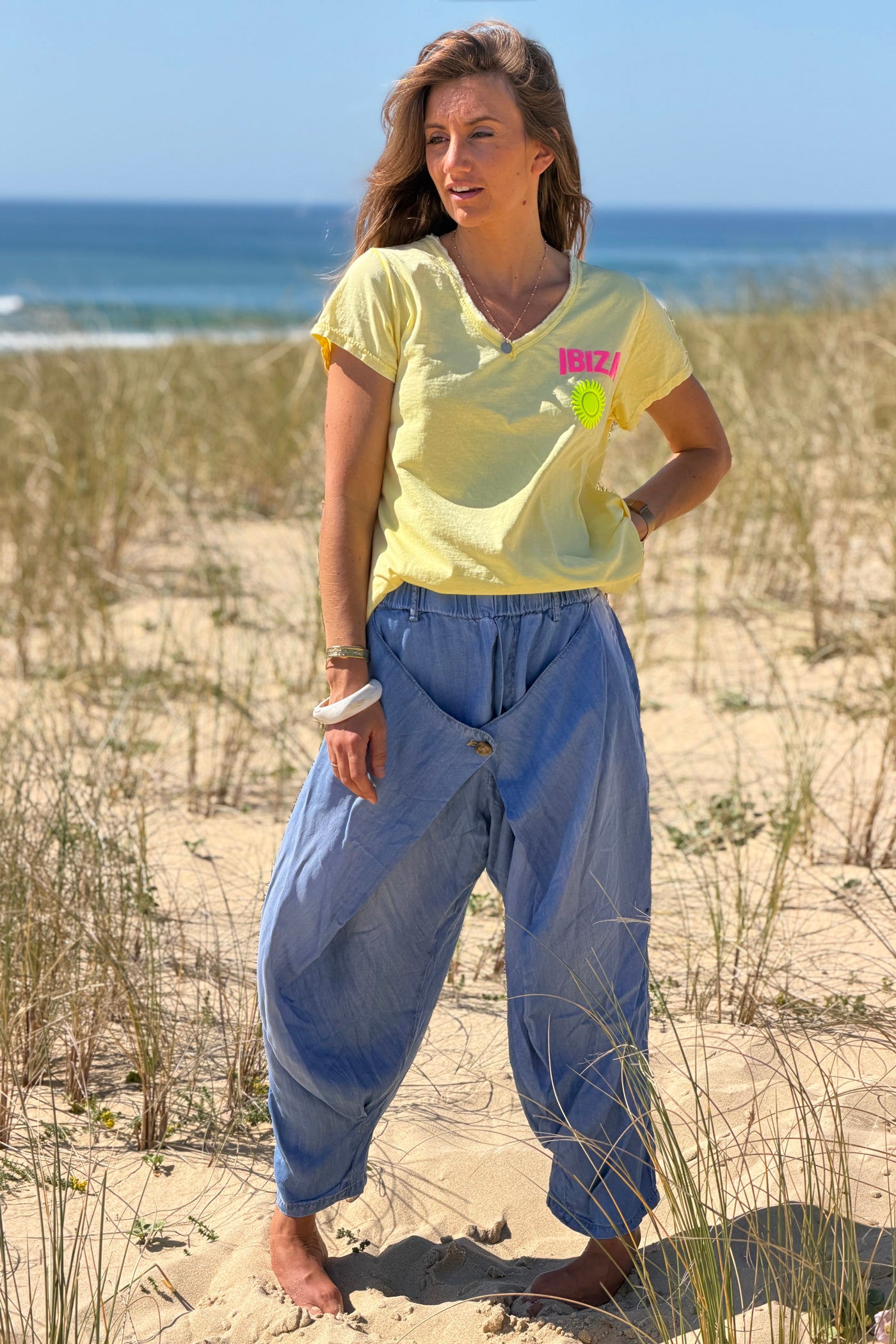 Pantalon fluide en lyocell effet denim rabat devant