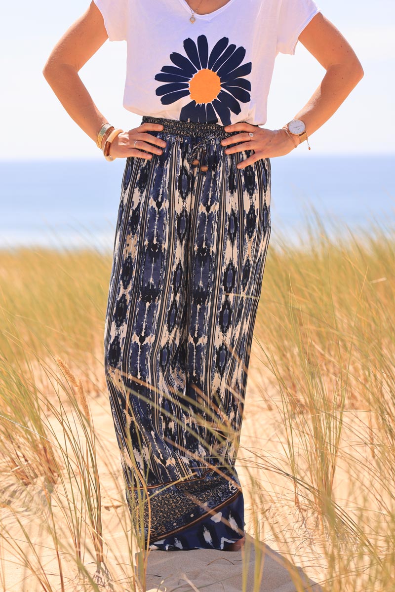 Blue glitch stripes print floaty pants with elasticated waist