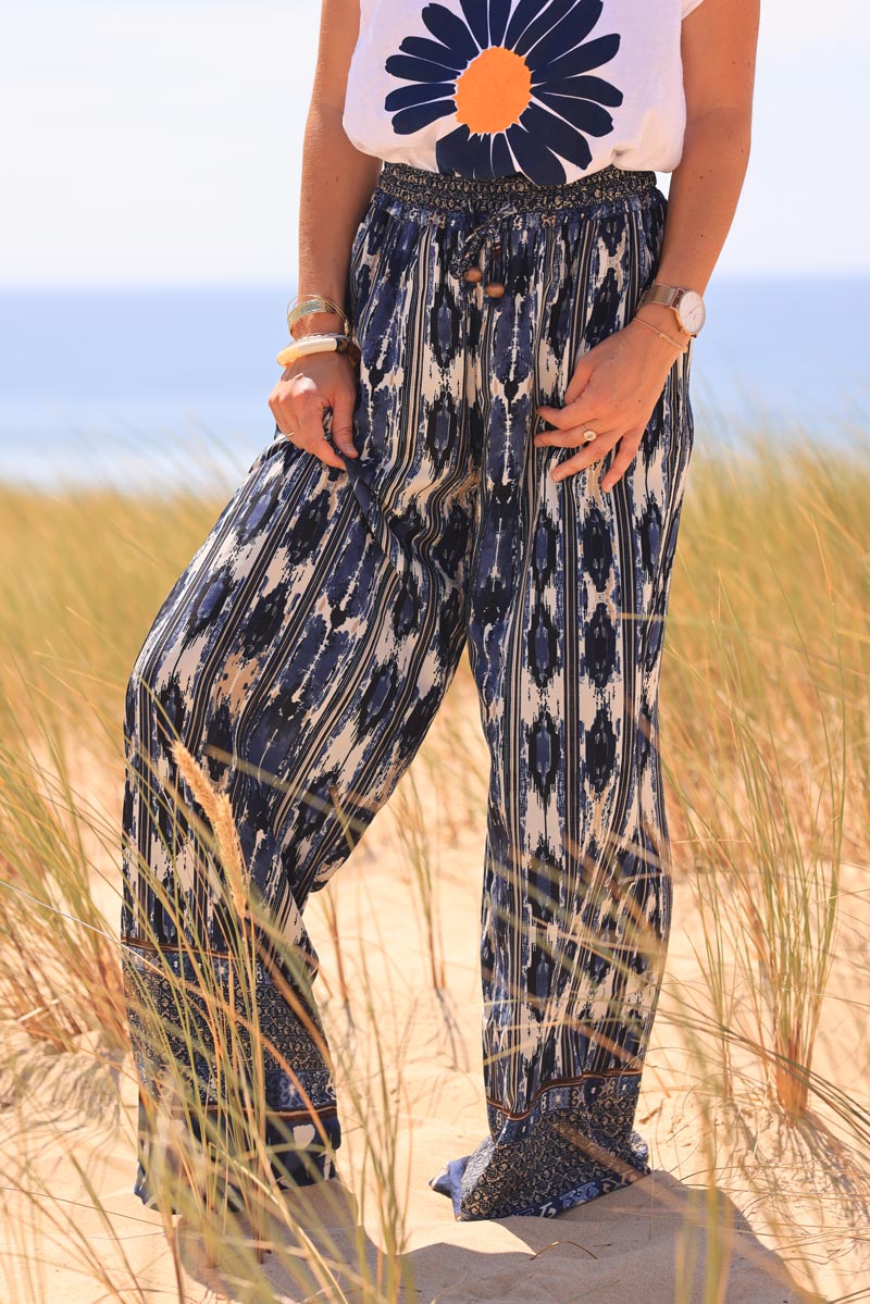 Blue glitch stripes print floaty pants with elasticated waist