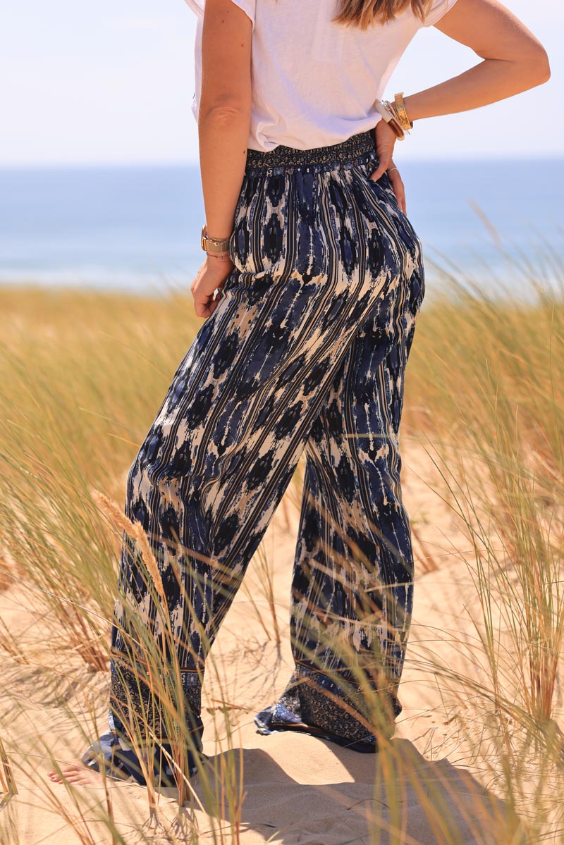 Blue glitch stripes print floaty pants with elasticated waist