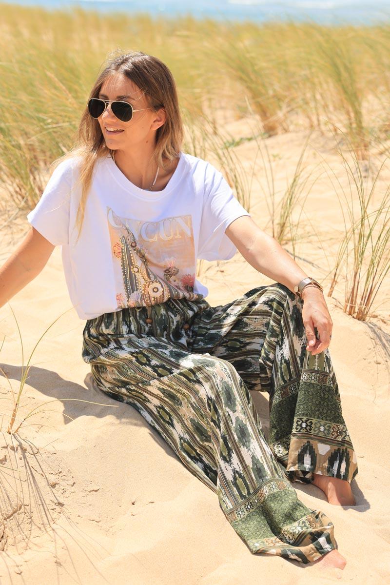 Khaki glitch stripes print floaty pants with elasticated waist