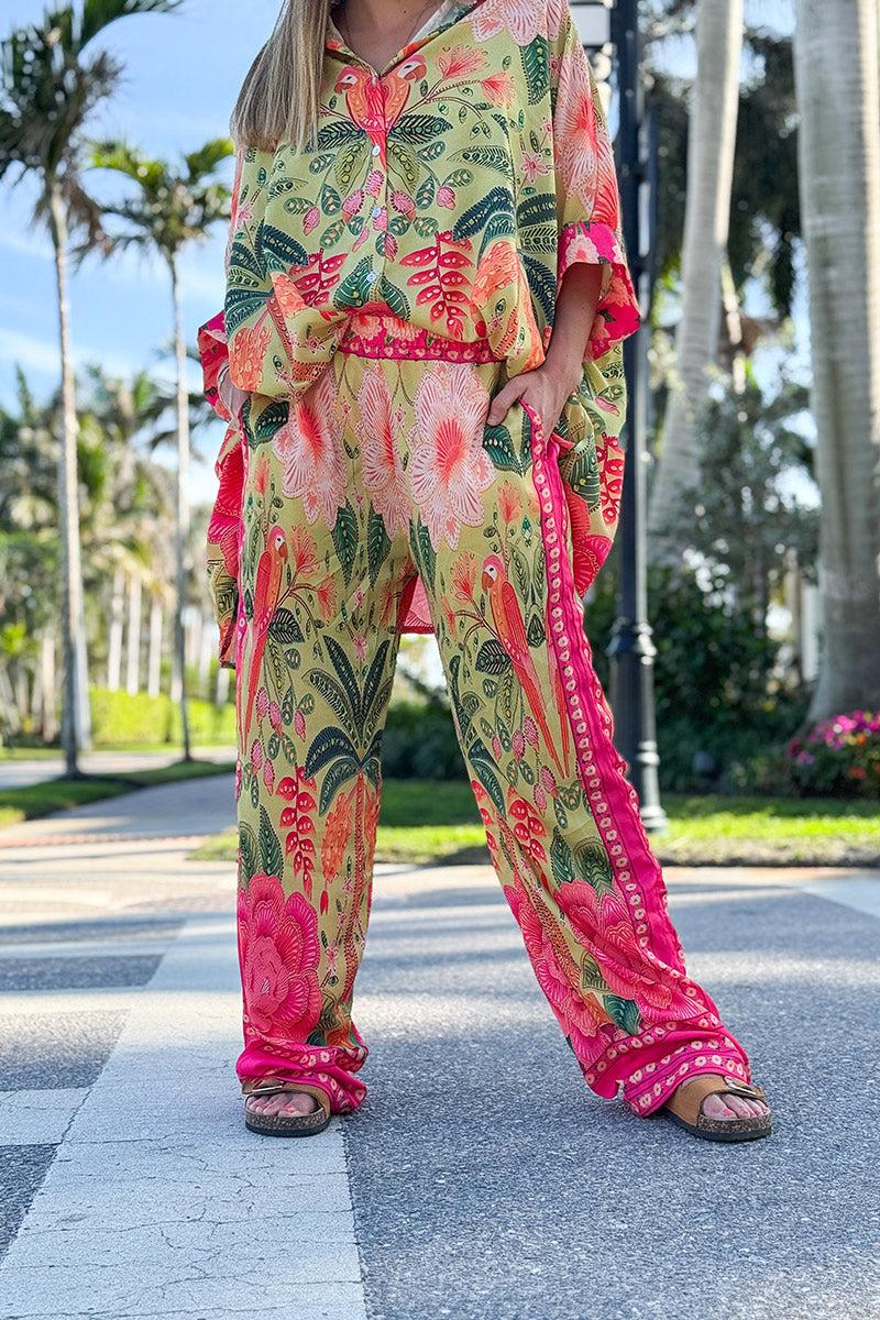 Pink and Green Batik Parrot Wide Leg Pants