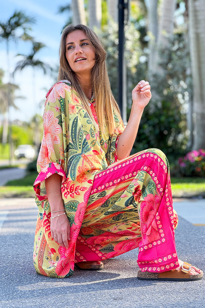 Pink and Green Batik Parrot Wide Leg Trousers