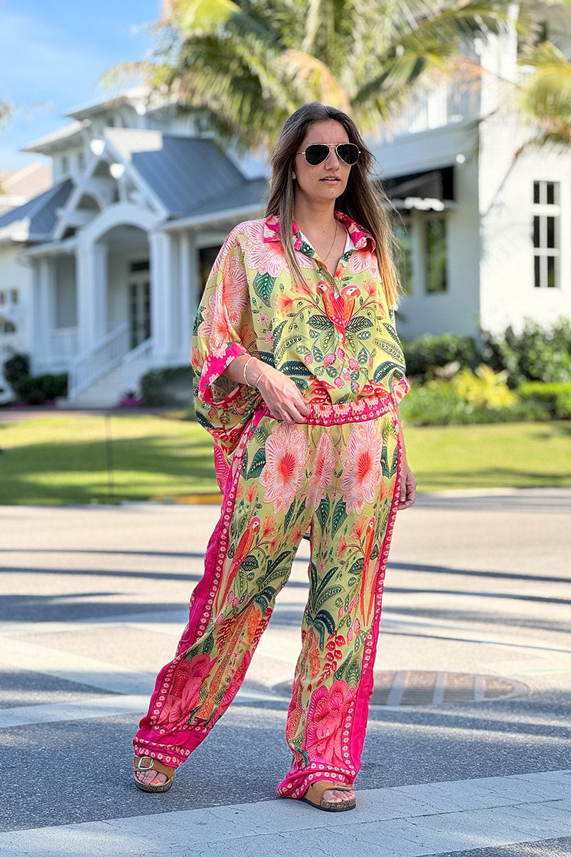 Pink and Green Batik Parrot Wide Leg Trousers