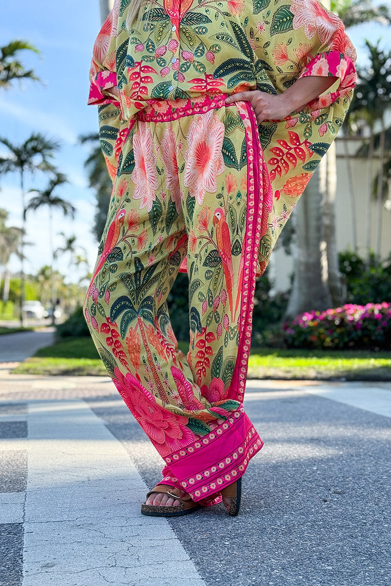 Pink and Green Batik Parrot Wide Leg Trousers