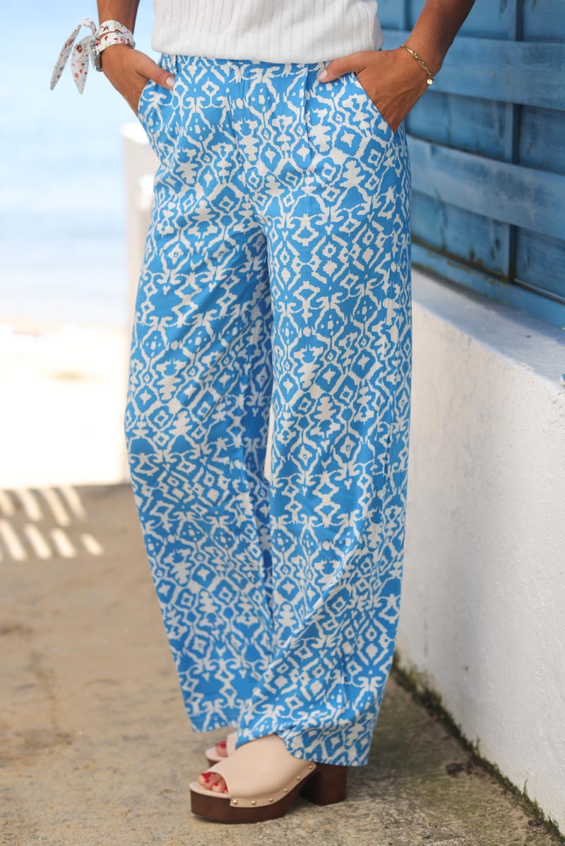 Pantalon fluide imprim ethnique bleu azur