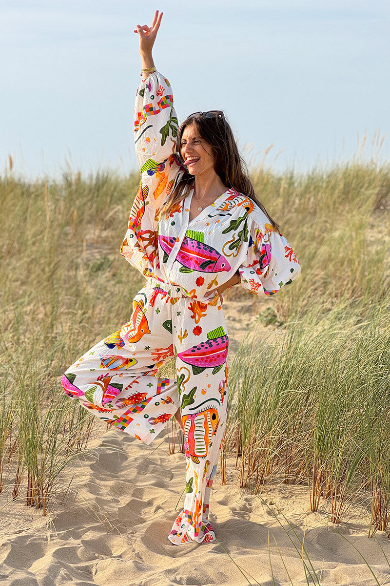 Pantalon fluide imprimé poissons tropicaux colorés