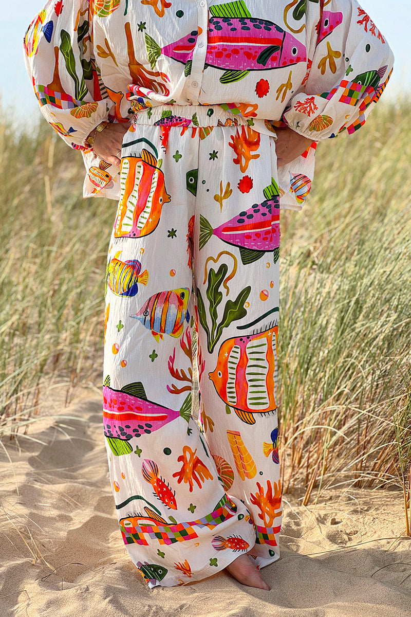 Pantalon fluide imprimé poissons tropicaux colorés