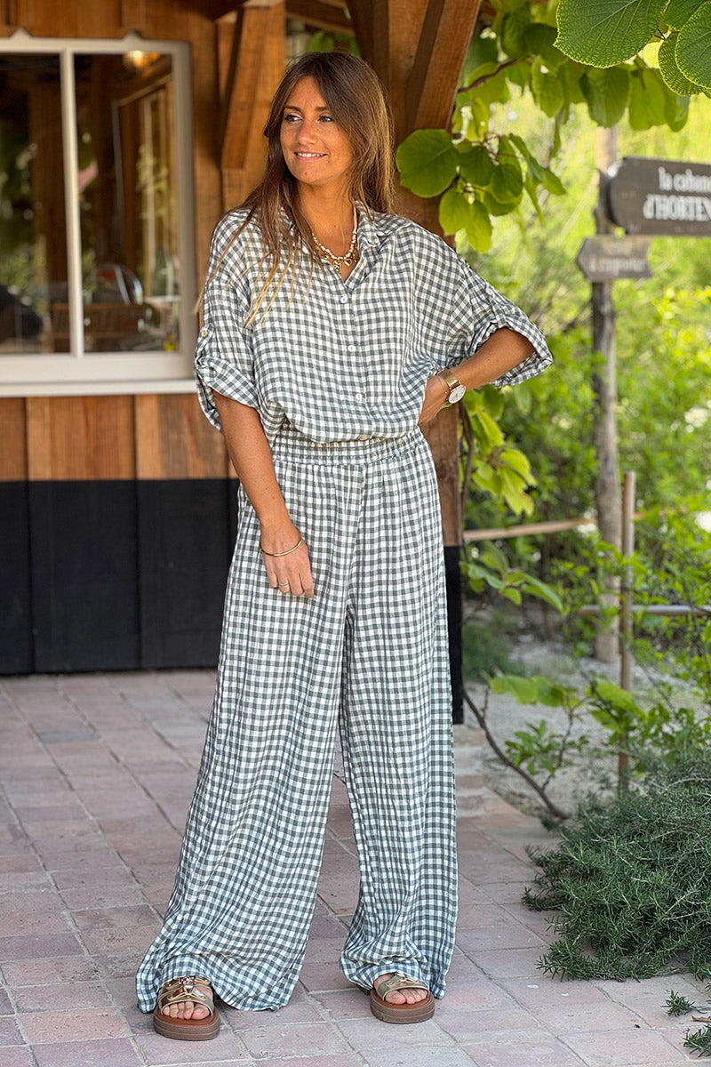 Pantalon fluide kaki imprimé vichy taille élastique smockée