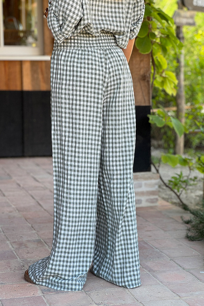 Pantalon fluide kaki imprimé vichy taille élastique smockée