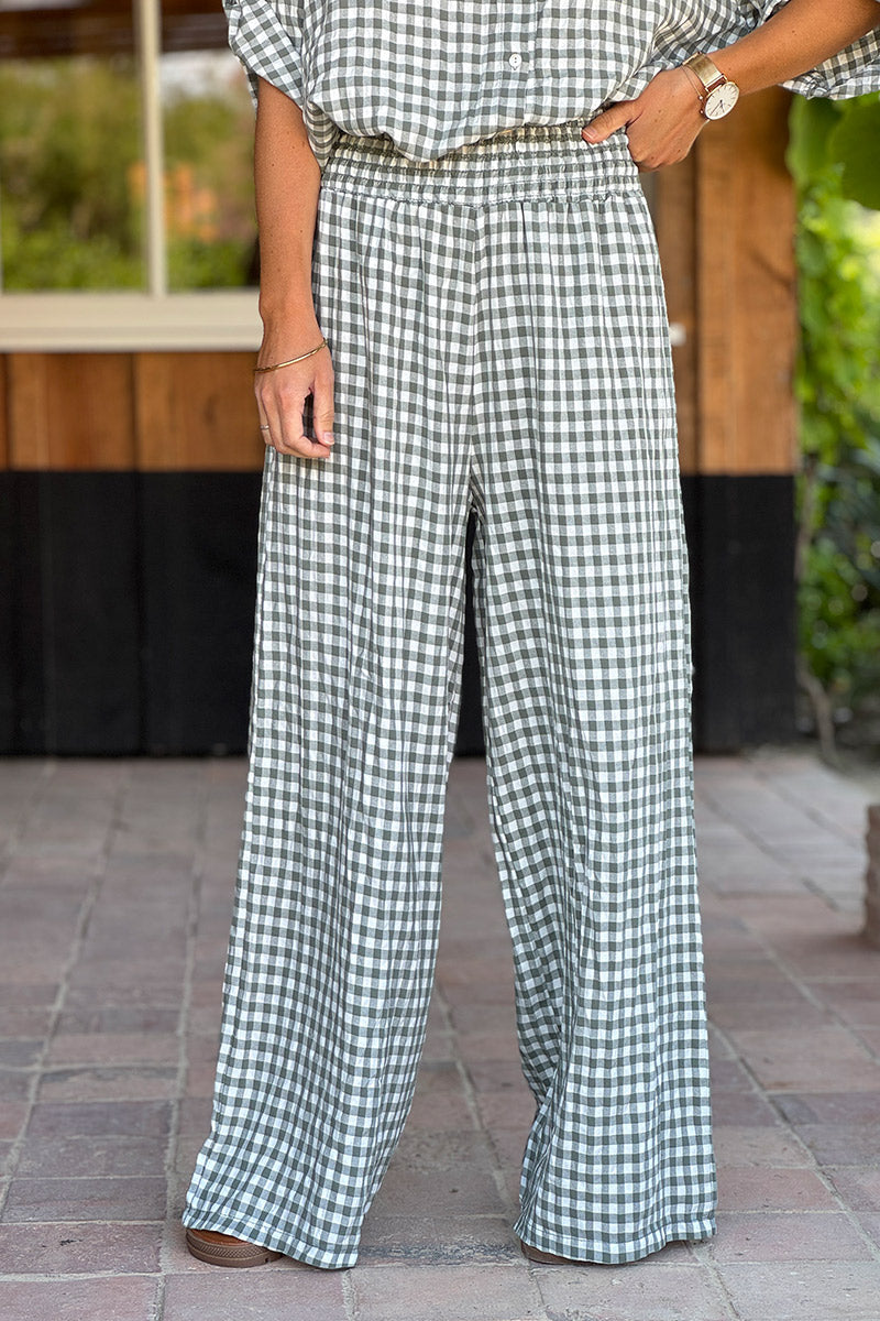 Pantalon fluide kaki imprimé vichy taille élastique smockée