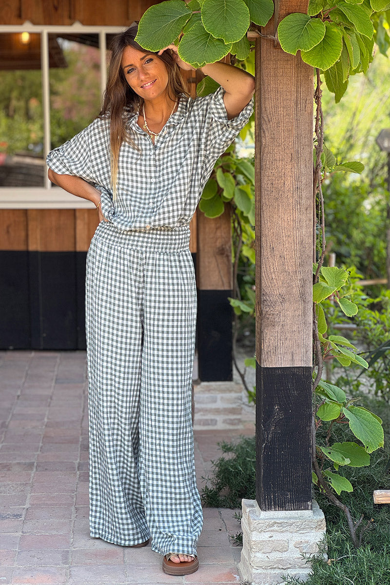 Pantalon fluide kaki imprimé vichy taille élastique smockée