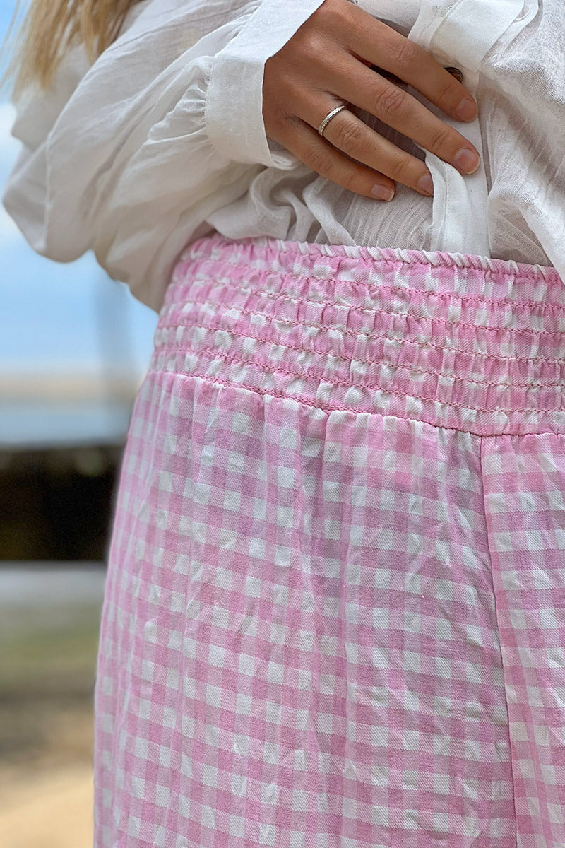 Pantalon fluide rose imprimé vichy taille élastique smockée