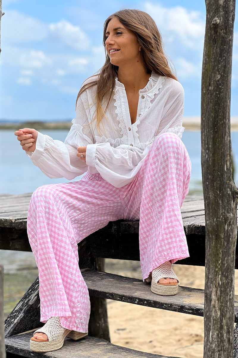 Pantalon fluide rose imprimé vichy taille élastique smockée