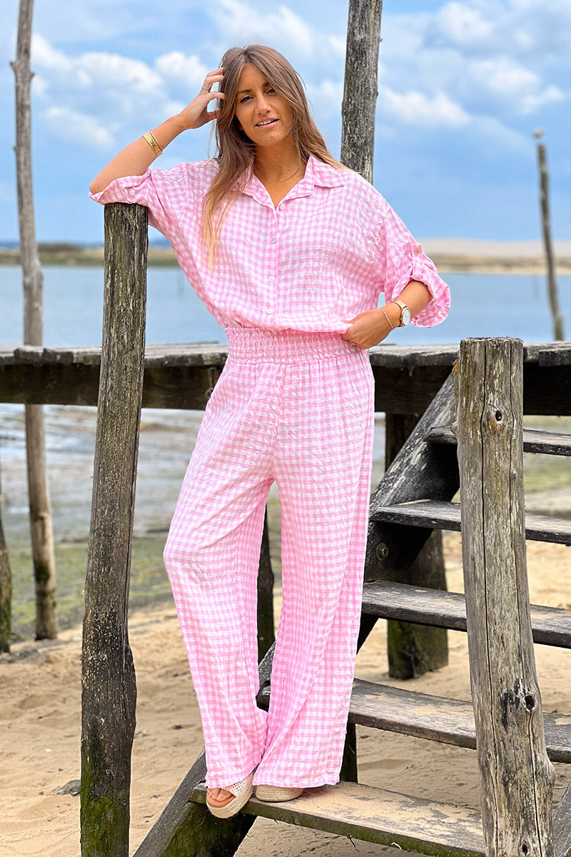 Pantalon fluide rose imprimé vichy taille élastique smockée