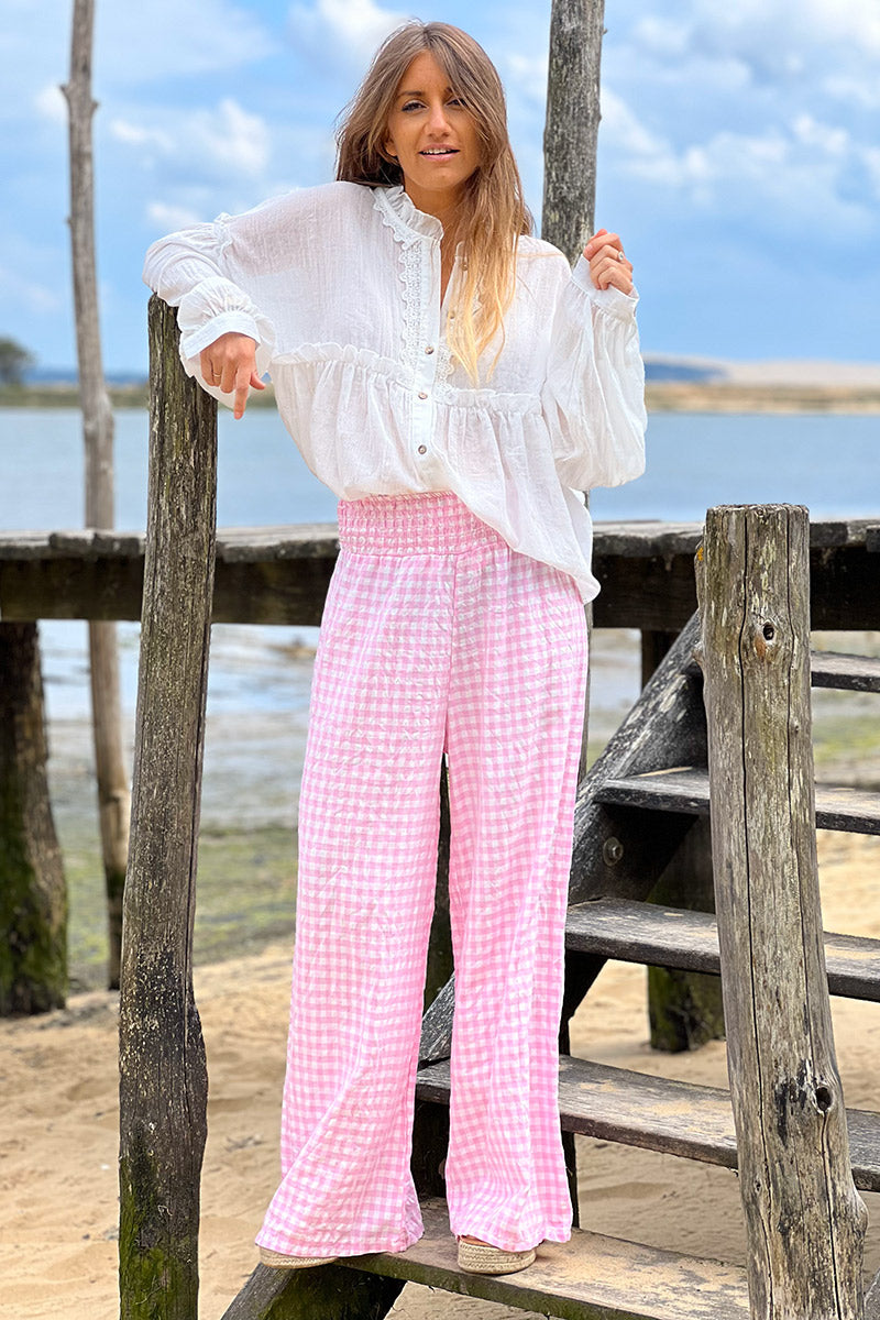Pantalon fluide rose imprimé vichy taille élastique smockée