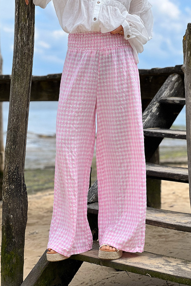 Pantalon fluide rose imprimé vichy taille élastique smockée