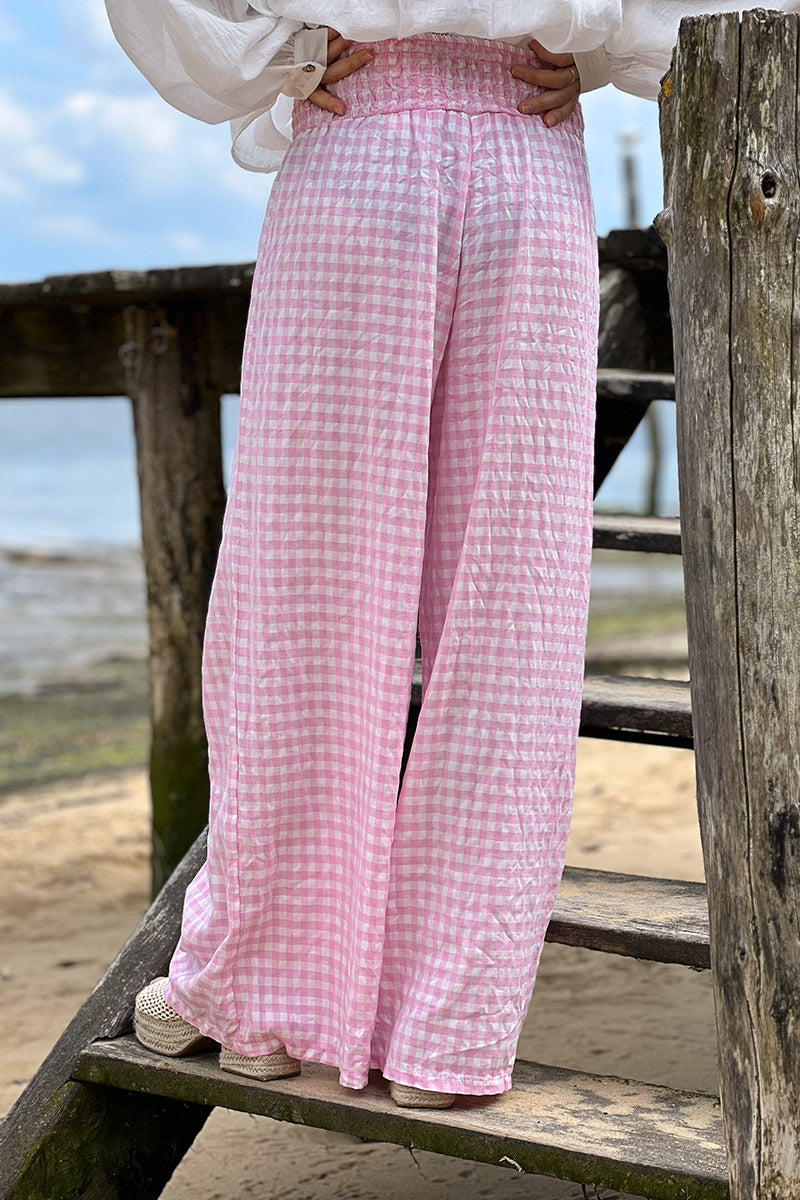 Pantalon fluide rose imprimé vichy taille élastique smockée