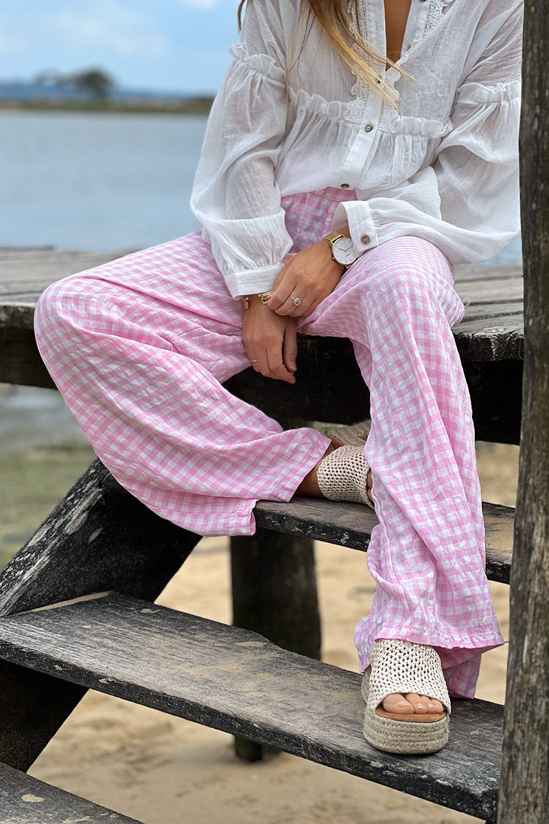 Pantalon fluide rose imprimé vichy taille élastique smockée