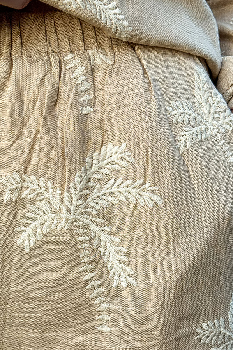 Taupe Linen Embroidered Palm Wide Leg Pants