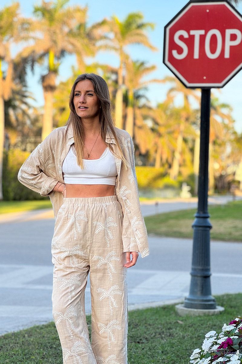 Taupe Linen Embroidered Palm Wide Leg Pants