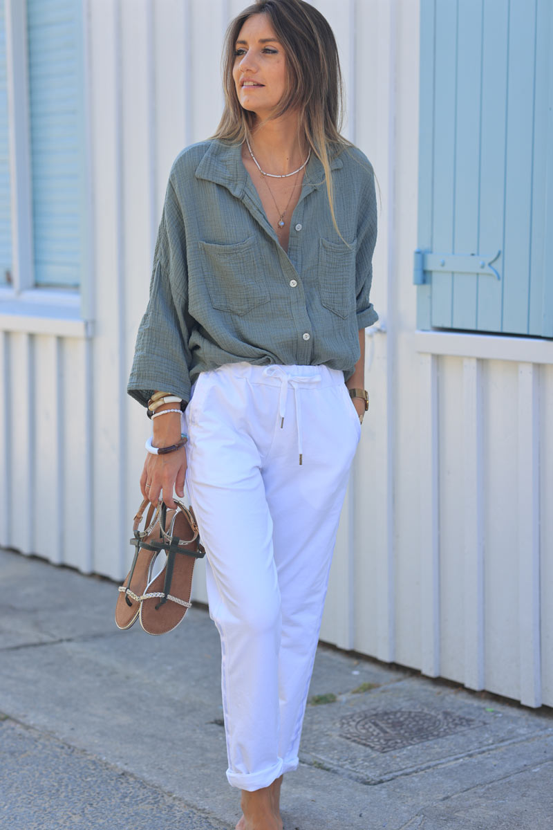 White sweat pants with satin outseams