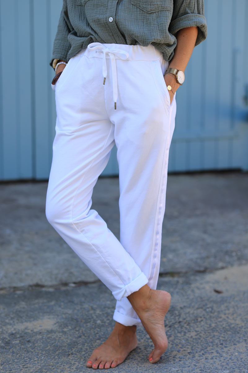 White sweat pants with satin outseams