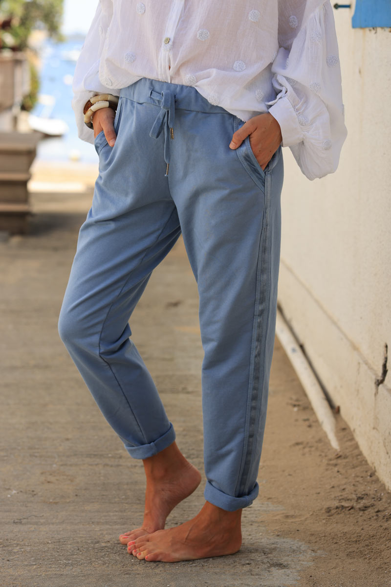 Dusty blue sweat pants with satin outseams