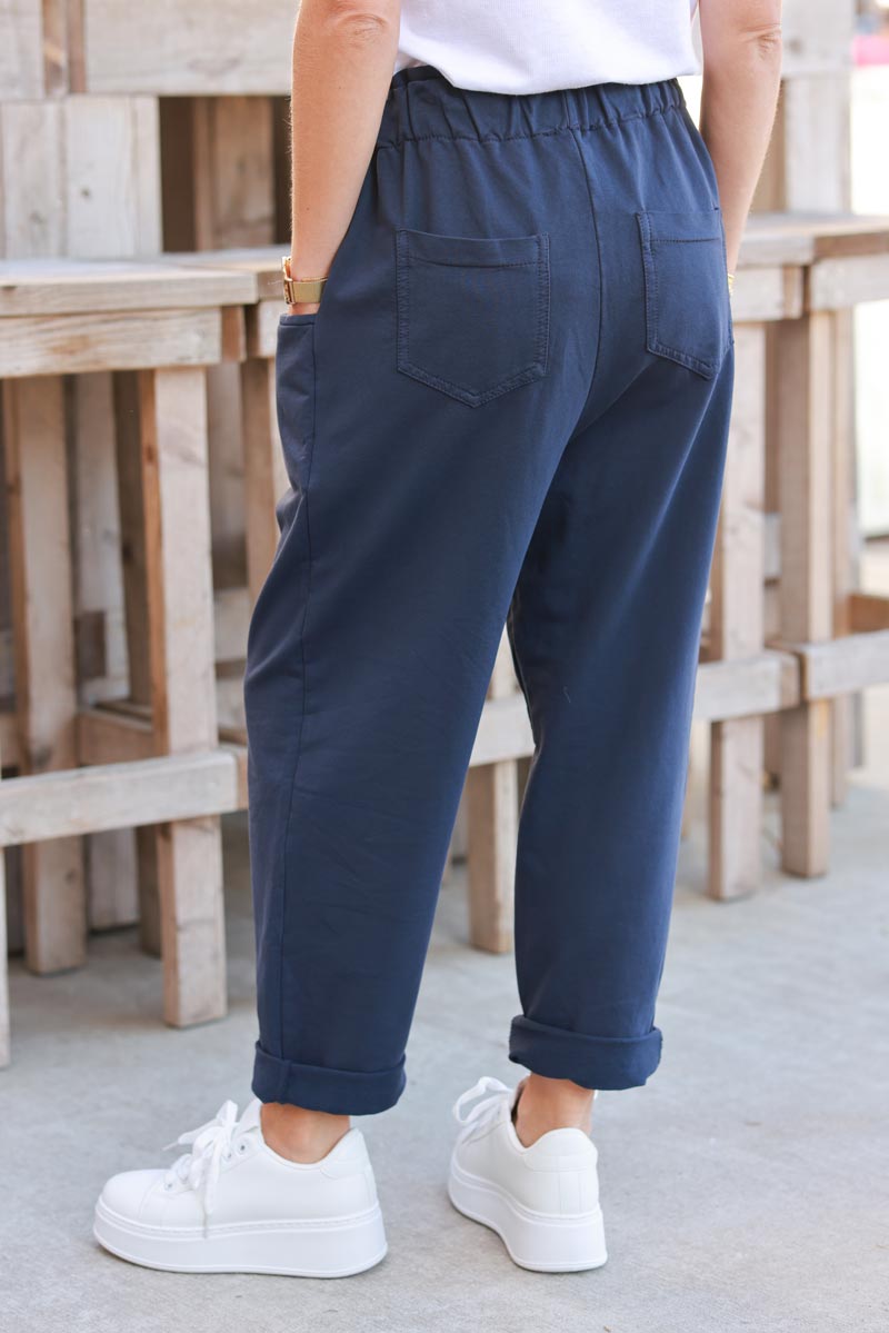 Pantalon jogging bleu marine style paperbag taille élastiquée et poches