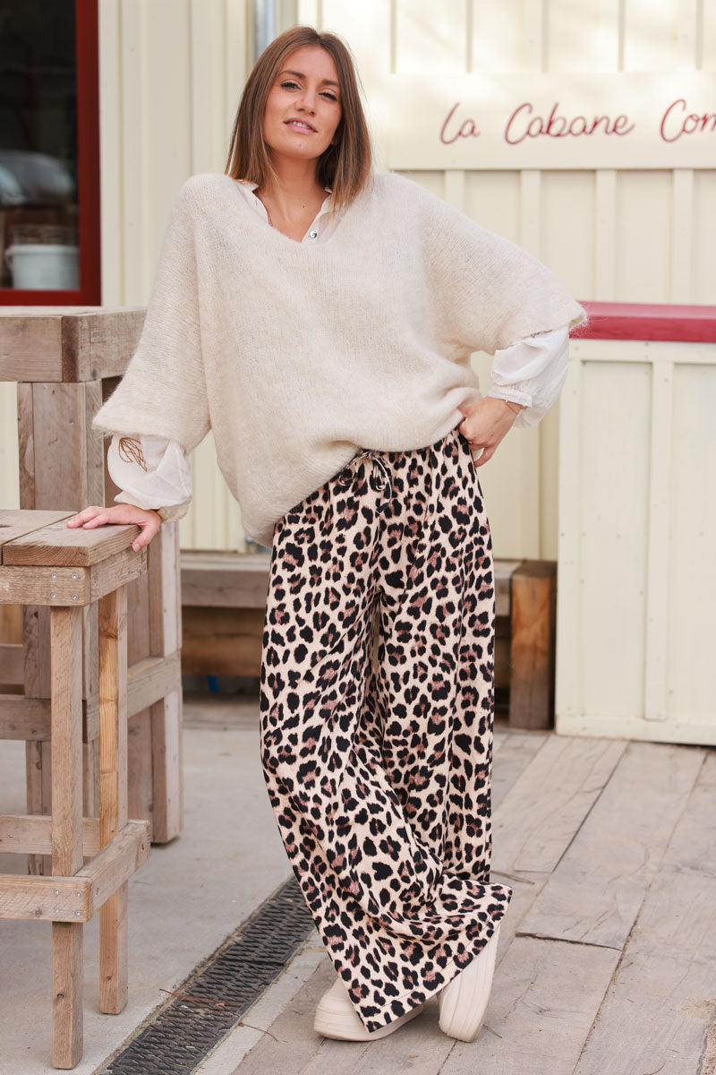 Beige Leopard Print Wide-Leg Drawstring Pants