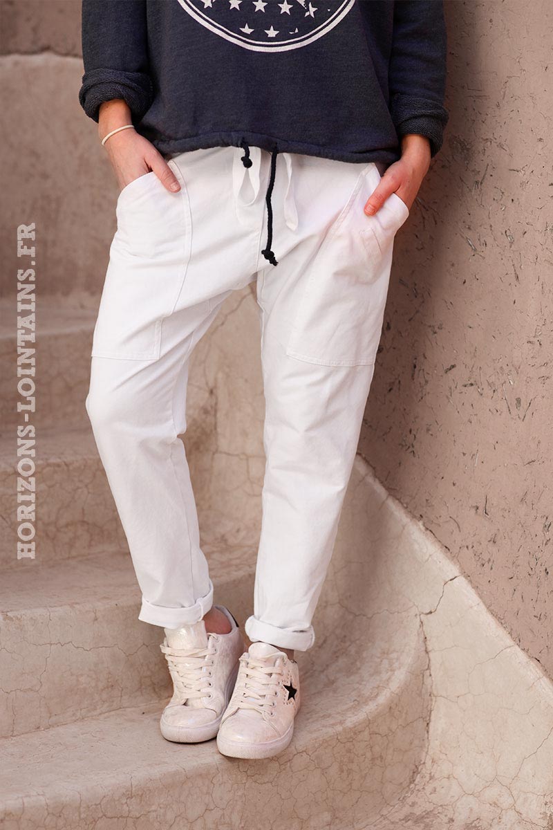 Pantalon jogging urbain grande poches décontracté confort couleur blanc BAS-004