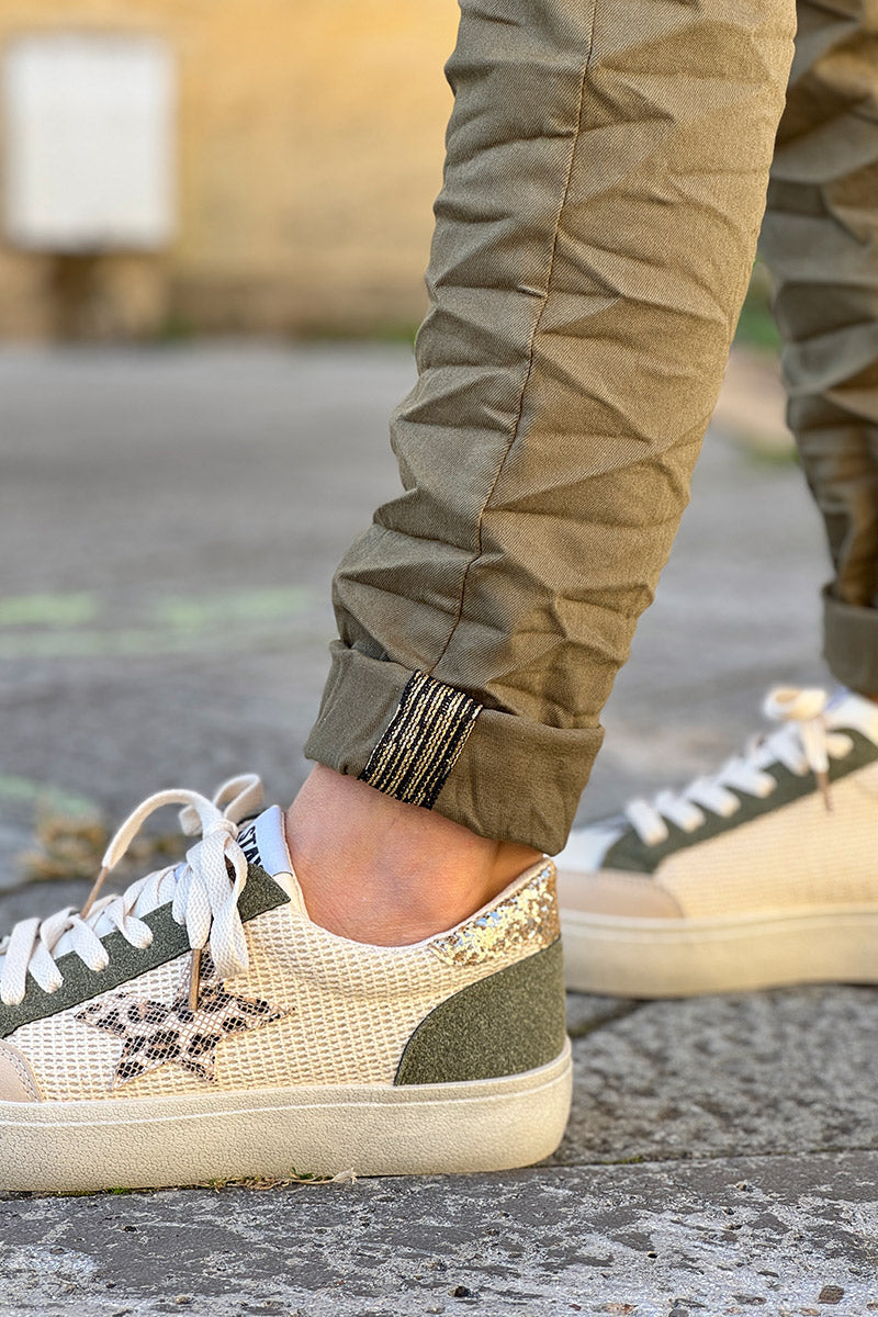 Slim Fit Olive Jeans with Silver Ankle Hem Edging