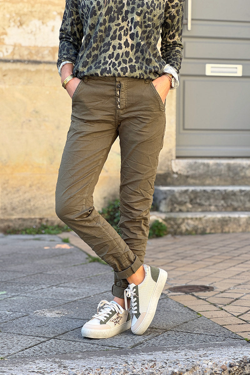 Slim Fit Olive Jeans with Silver Ankle Hem Edging