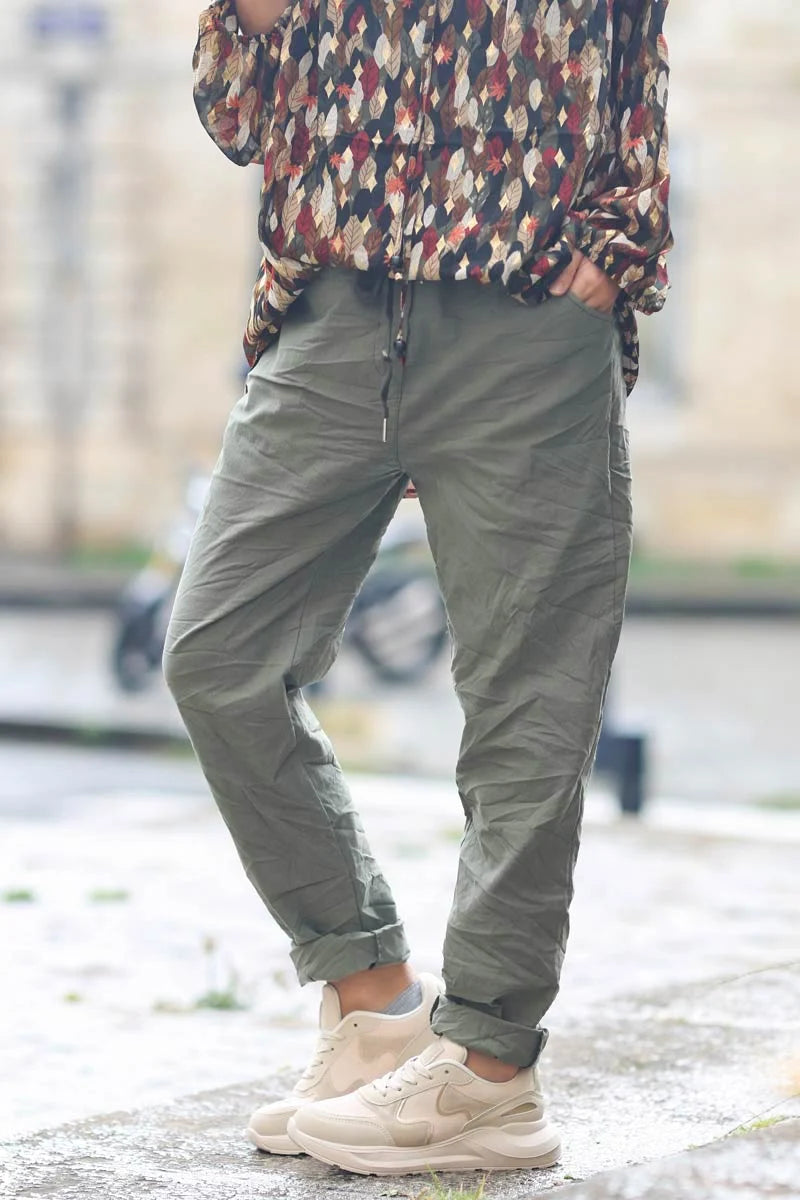 Khaki comfort stretch pants with elastic waistband