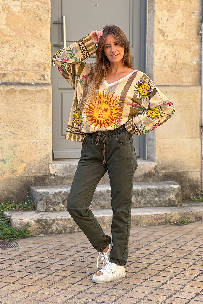 Olive Jeans with Leopard Print Drawstring Waist
