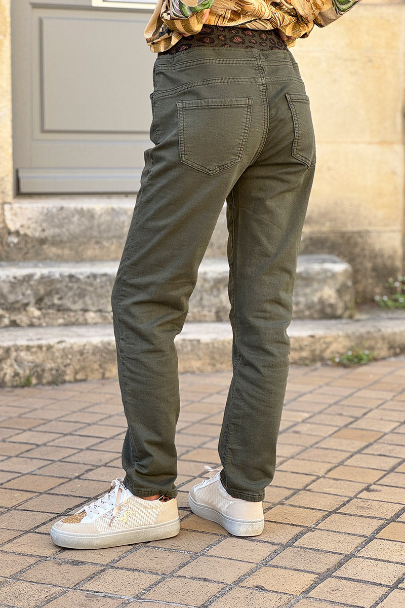 Olive Jeans with Leopard Print Drawstring Waist
